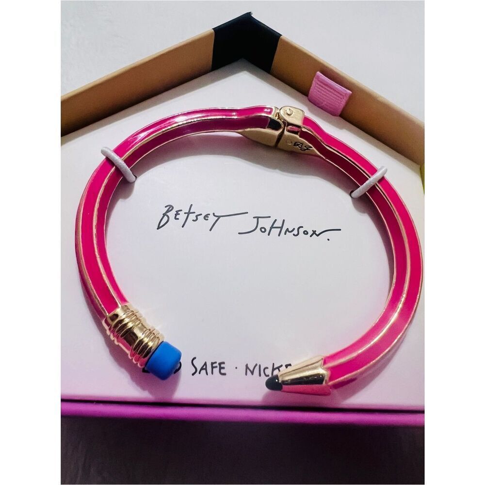 New BETSEY Johnson Pink Pencil Hinged Cuff Bracelet With Box Pink Color Orig $58 - Picture 2 of 5